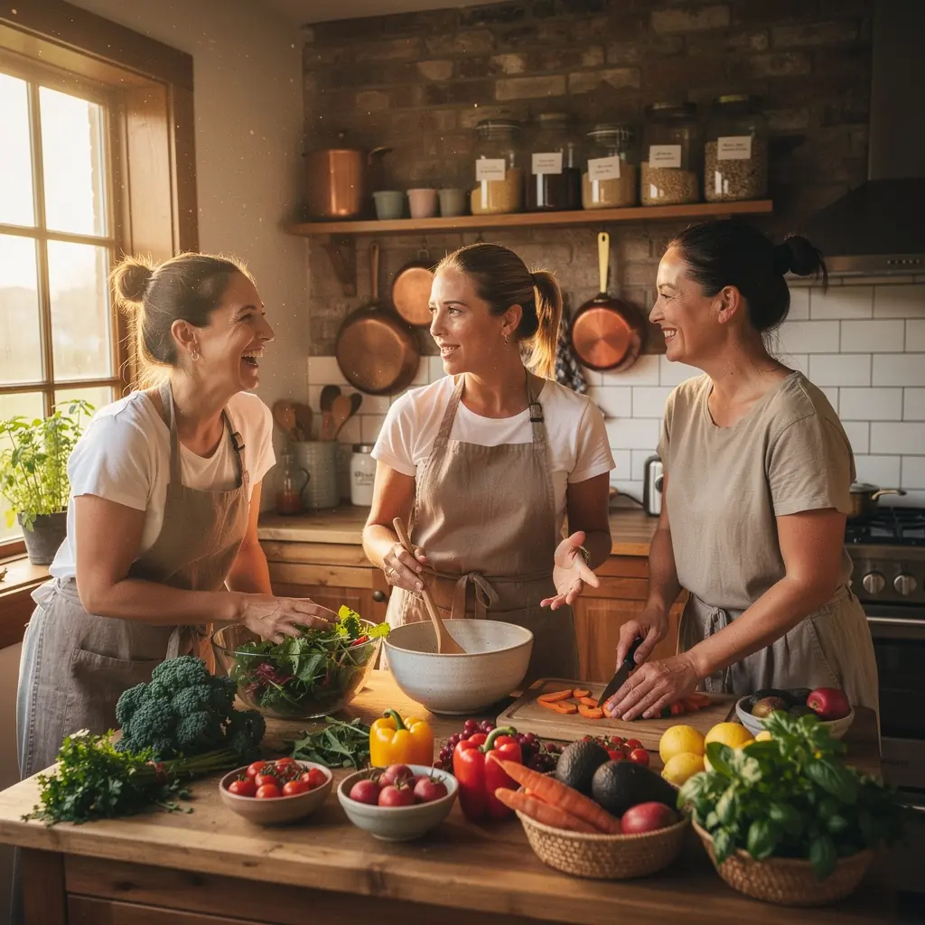Sieviete, kas gatavo veselīgu maltīti, izmantojot svaigus dārzeņus un augļus.